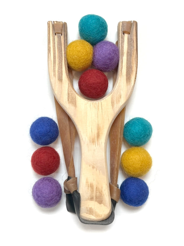 Natural Wood Slingshot Toy with felt ammo balls - Jewel Tone Balls